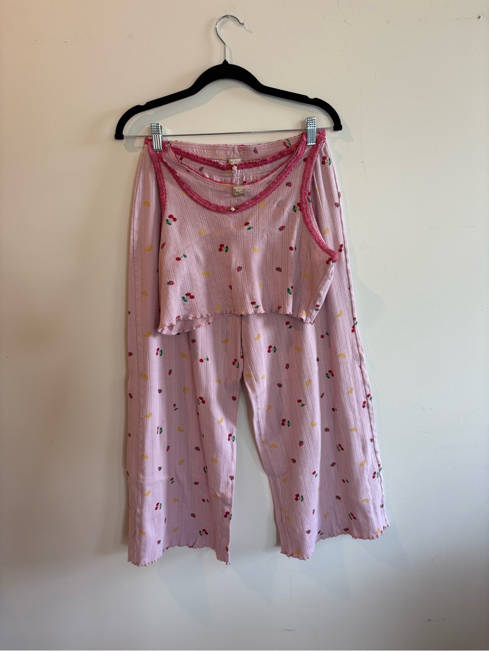 Women's Pink Cherry-Print Pajama Set with Contrast Trim